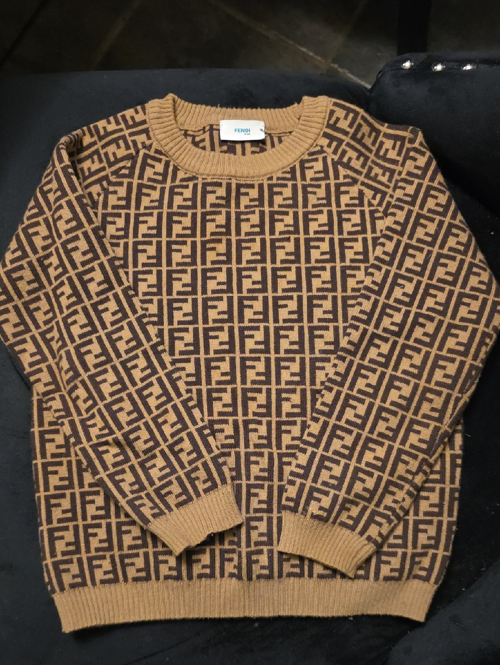 Fendi Kid’s Crewneck Logo Jacquard Sweater in Brown
